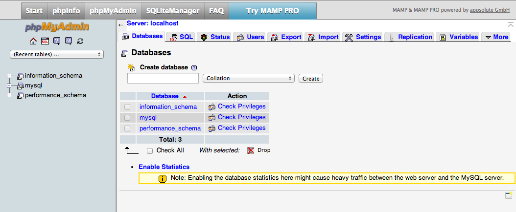 phpMyAdmin Databases Screen