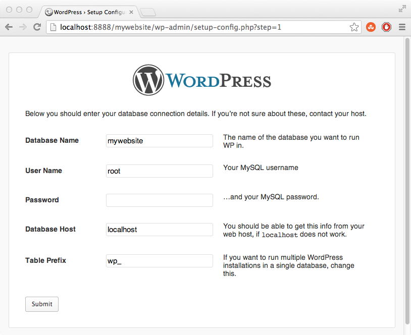 WordPress Setup Screen